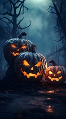 Halloween pumpkin jack o lantern in forest, generated with ai