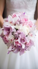 bride holding pink bouquet, generated with ai