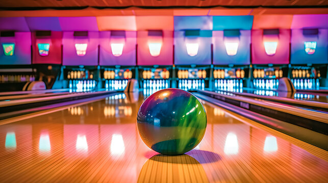 colorful bowling ball on a lane in a bowling center, made with Generative AI