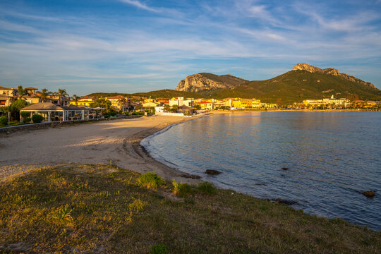 View of beach at sunset in Golfo Aranci, Sardinia