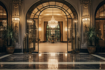 Entrance of luxury hotel. Generative AI.