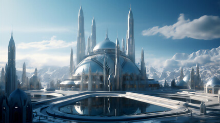 Naklejka premium Beautiful Mosque illustration at the starry and moon light, Created using generative AI tools