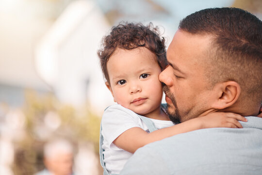 Love, dad and portrait of child hugging, family bonding mockup with support and trust in safety of parents embrace. Security, future hope and father with baby, hug and spending quality time together.