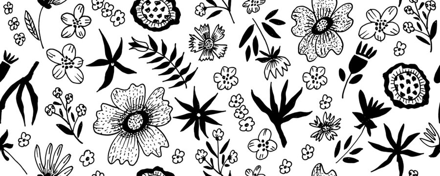 Plain floral drawing seamless pattern. Silhouettes of blooming black flowers. Elegant botanical pattern made of spring flowers. Hand drawn fabric, gift wrap, wall design. Nature ornament for textile