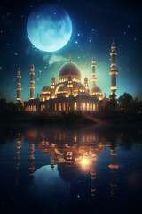 Beautiful Mosque illustration at the starry and moon light, Created using generative AI tools