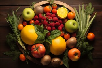 Nature's Harvest Fruits and Vegetables in Abundant Array. Generative AI