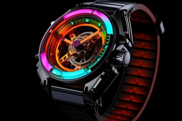Innovative Timepiece Futuristic Watch with Vibrant Neon Technological Hues. Generative AI