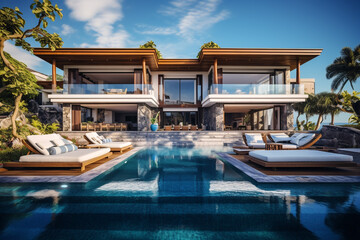 Luxury villa with big swimming pool. Generative AI.