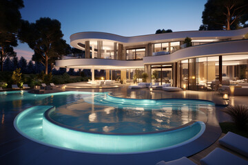 Luxury villa with big swimming pool. Generative AI.