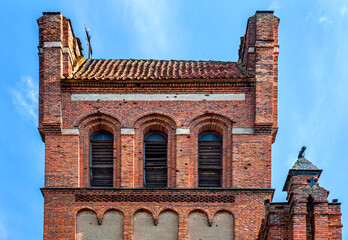 General view and architectural details of the Neo-Gothic Catholic Church of St. Joseph in Kobułty,...