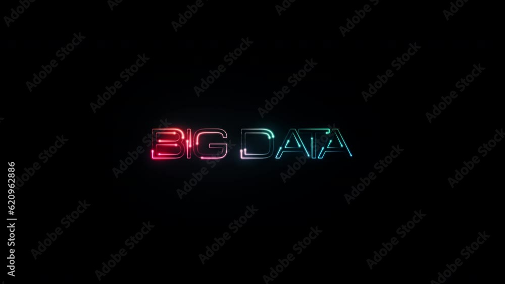 Poster big data glow colorful neon laser text animation on black abstract background.