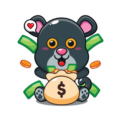 cute panther with money bag cartoon vector illustration.