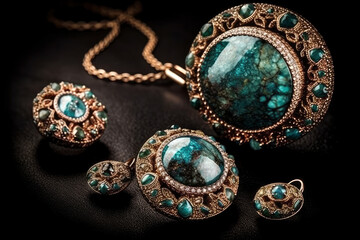 Jewelry with precious stones on black background, AI Generated