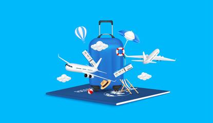 Luggage blue, air ticket on passport with airplane is taking off and deck chair umbrella. For making advertising media about tourism. Travel transport concept. 3D Vector EPS10.