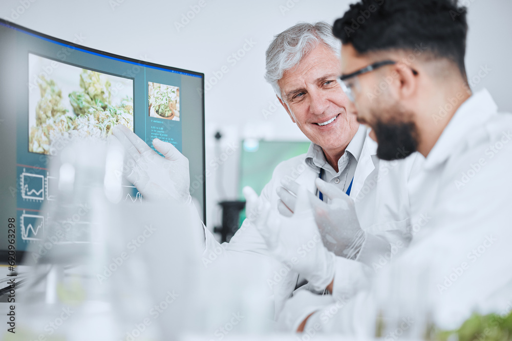 Poster plant analysis, talking and men with a computer for ecology science, research and innovation. smile,