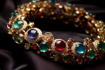 Jewelry with precious stones on black background, AI Generated