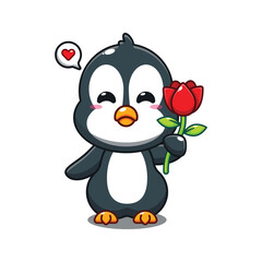 cute penguin holding rose flower cartoon vector illustration.