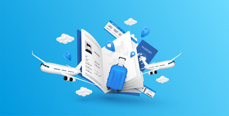 Airplane is taking off from passport. Luggage blue, air ticket and cloud float away. For media tourism advertising banner design. Holiday travel and Transport concept. 3D Vector EPS10. - obrazy, fototapety, plakaty