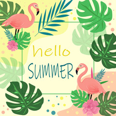 Hello summer. Flamingo, palm leaves, flowers, yellow and pink color, vector illustration