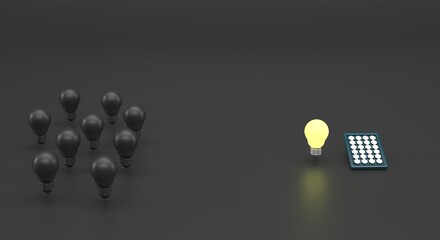 Lamp on, idea, lamps off only one on, smart energy, lamp illuminating the environment, a good idea (3d illustration)