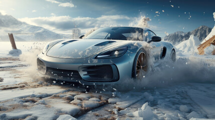 Sports Car in the middle of a Frozen Lake with ice particles