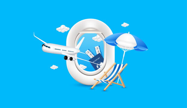 Airplane is taking off with clouds. Air ticket deck chair umbrella and airplane window on passports. For media tourism advertising design. Holiday travel and Transport concept. 3D Vector EPS10