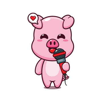 cute pig holding microphone cartoon vector illustration.