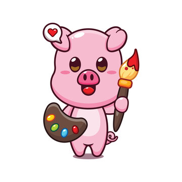 cute pig painter cartoon vector illustration.