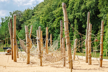 Children Playground. Modern Wooden Playground Equipment. Climber Structure.