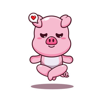 cute pig doing meditation yoga cartoon vector illustration.