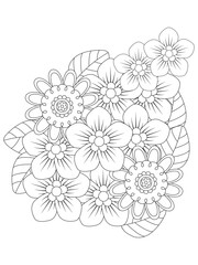 Outline vector drawing of flowers for adult coloring books. Page of floral pattern in black and white