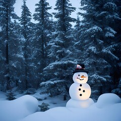 Obraz premium Christmas Day, Christmas tree decorations gifts star ball color snowman background closeup in a snow pine forest evening lighting illustration generative ai art