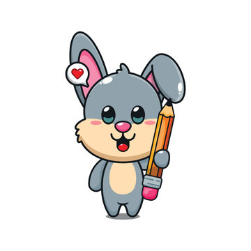 cute rabbit holding pencil cartoon vector illustration.