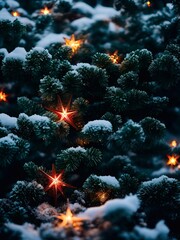 Fototapeta na wymiar Christmas Day, Christmas tree decorations gifts star ball color snowman background closeup in a snow pine forest evening lighting illustration generative ai art
