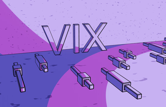 VIX volatility index, fear index on the stock exchange, a sign on the background of Japanese candlesticks, cartoon style, 3d rendering