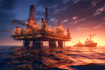 Oil and Gas platform in the middle of the sea at sunset. Offshore jack up rig on the ocean in twilight. Offshore drilling for gas and petroleum at sunset time. Generative AI