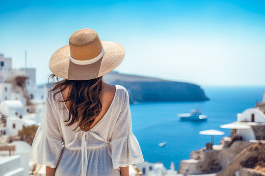 Woman wearing straw hat and white summer dress at the island of Santorini in Greece. Generative Ai
