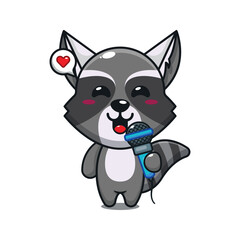 Fototapeta na wymiar cute raccoon holding microphone cartoon vector illustration.