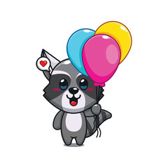 cute raccoon with balloon cartoon vector illustration.