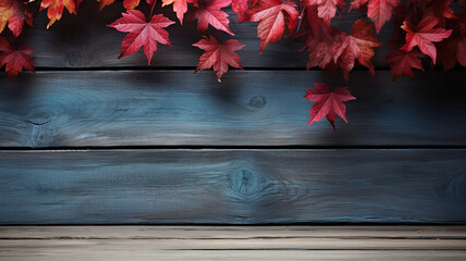 Autumn Backdrop Wooden Table With Red Leaves. Generative Ai