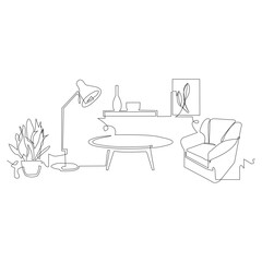 Living Room with Armchair and Furniture. Spring interior with Plants. Vector illustration.