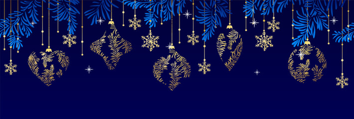 Christmas Poster with pine branches and golden decor on dark blue background. New year illustration. Winter design. - 620966821