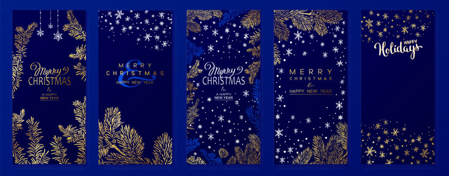Christmas Poster set. Vector illustration of Christmas Background with branches of christmas tree and golden elements. Christmas template for phone.