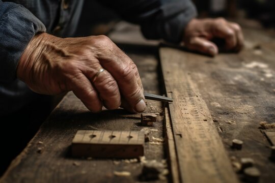 Close up view of woodworker measuring wooden plank. Generative AI
