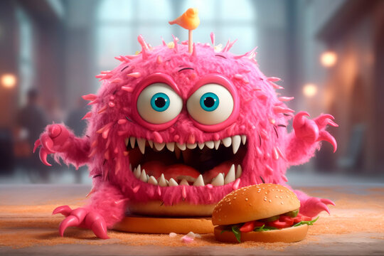 Spoiled whiny child at fast food restaurant. Generative AI. Funny monster kid Eating burger. Childhood, expression, having fun. Cute pink creature. Burger day. Disgruntled cafe customer