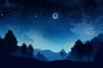 Fototapeta na wymiar Night landscape with forest and hills, stars and moonlight, blue color scheme, AI Generated