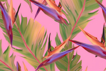trendy tropical flower pink leaf seamless pattern colorful jungle orange. Generative AI.