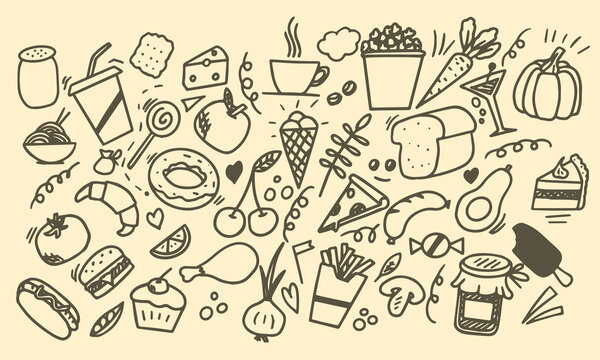 Doodles of different types of food vector illustration, hand drawn sketch. © Anastasiya