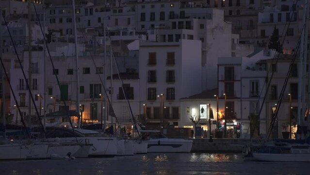Harbour boats and Cathedral above Dalt Vila old town at dusk, UNESCO World Heritage Site, Ibiza Town, Ibiza, Balearic Islands, Spain