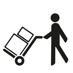 Un hombre transportando dos cajas con un carro sobre un fondo blanco liso y aislado. Vista de frente y de cerca. Copy space